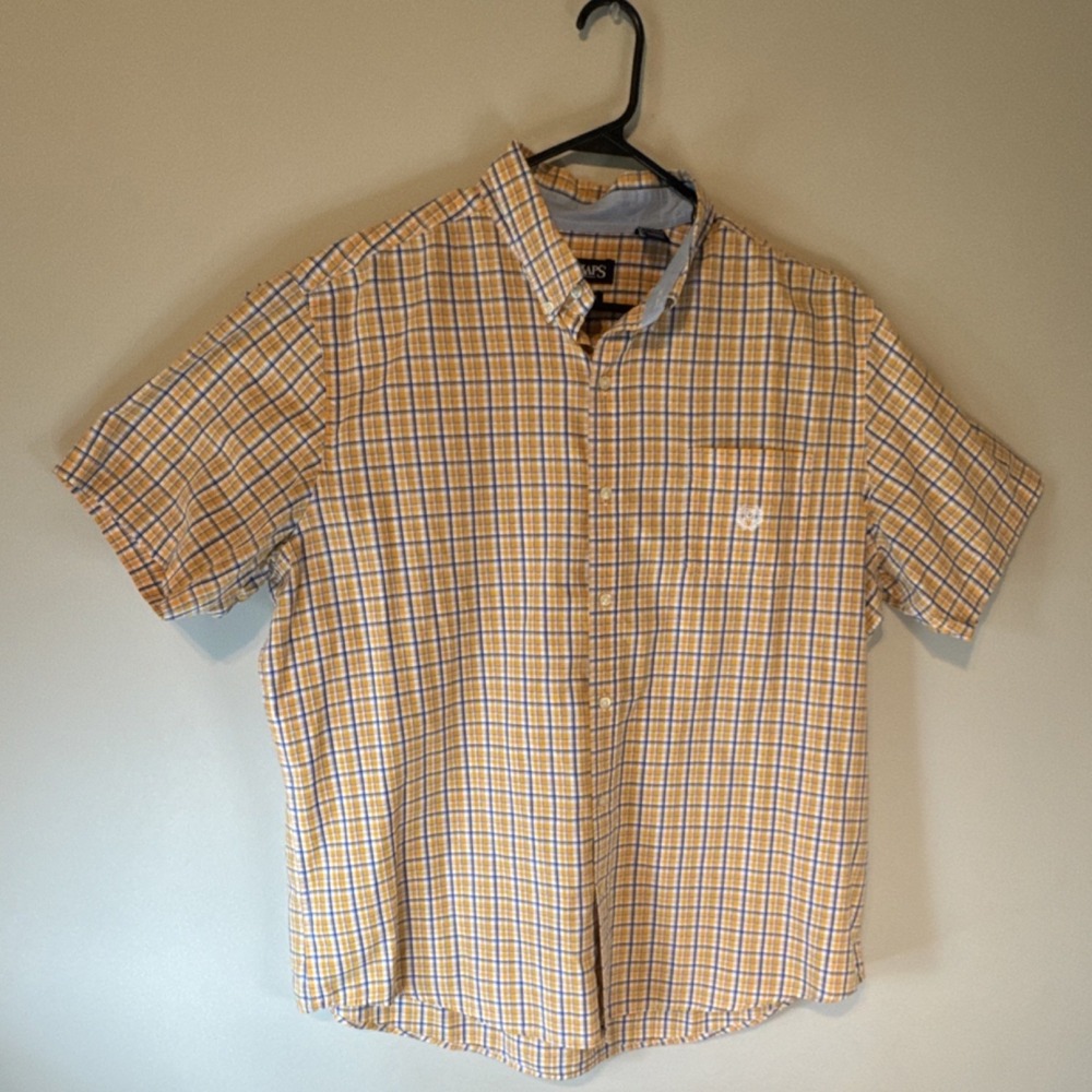 Chaps Men's XXL Big & Tall Plaid Button-Up Shirt Orange Blue White Short Sleeve